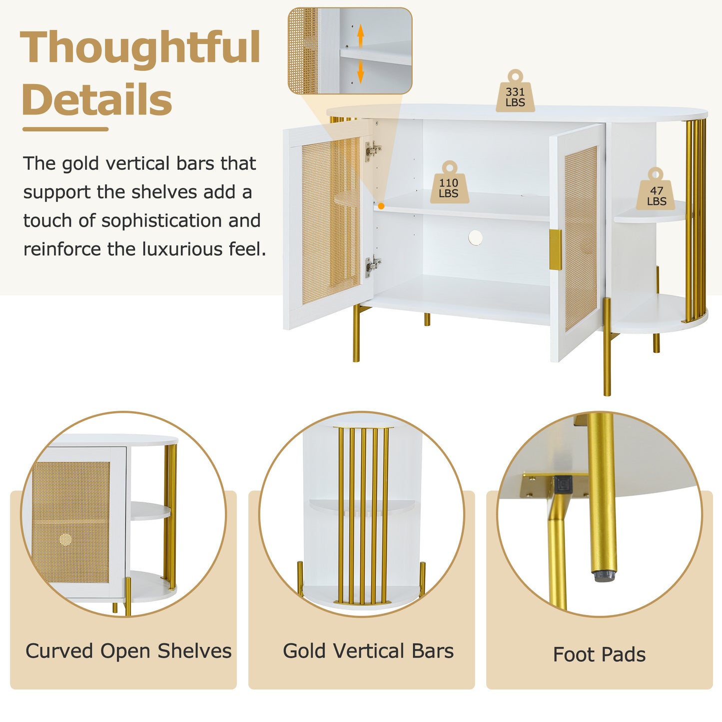 TREXM 2-Door Elegant Curved Dining Cabinet with Gold Trim and Woven Rattan Doors for Dining Room (White)