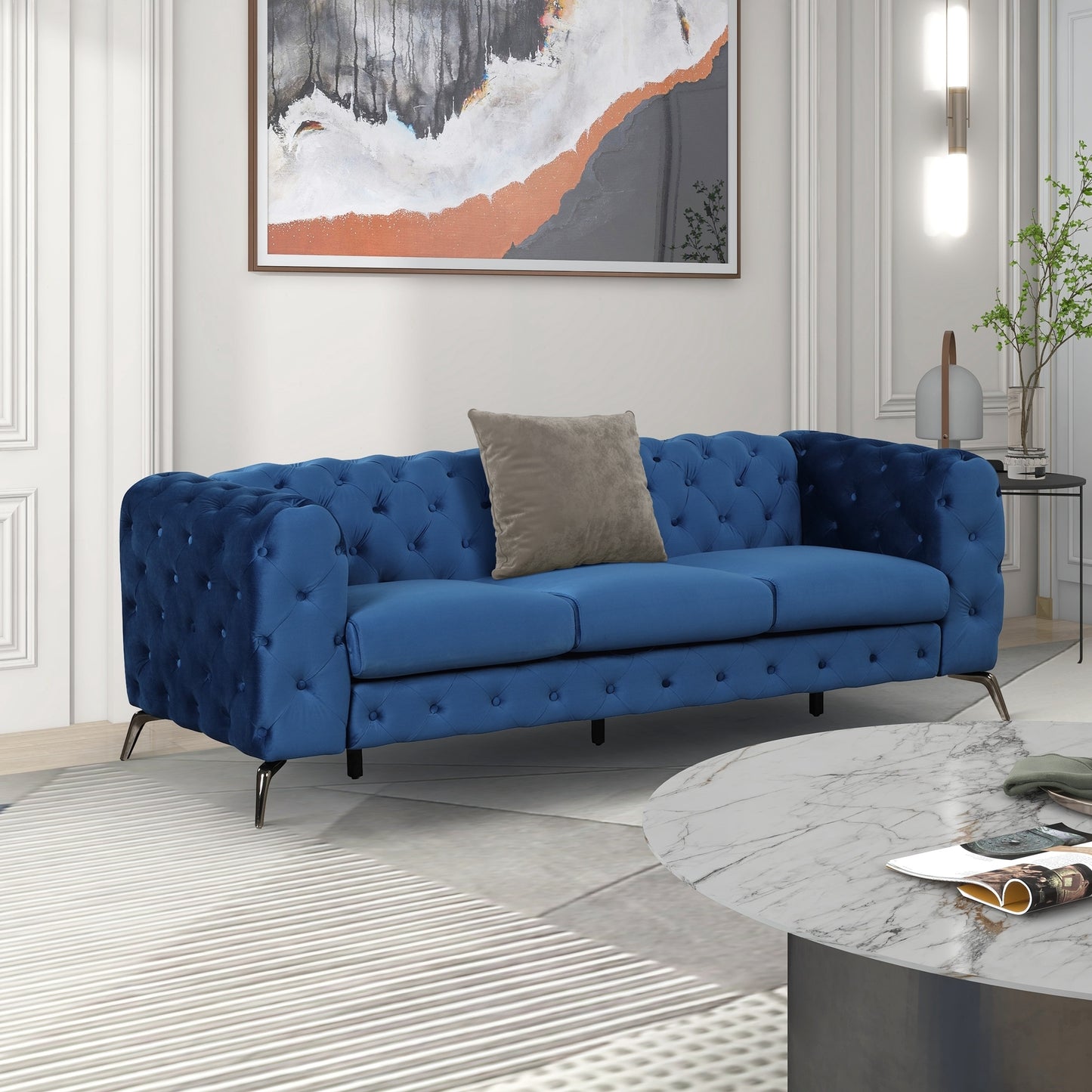 Modern 3-Piece Sofa Sets with Sturdy Metal Legs,Velvet Upholstered Couches Sets Including Three Seat Sofa, Loveseat and Single Chair for Living Room Furniture Set,Blue