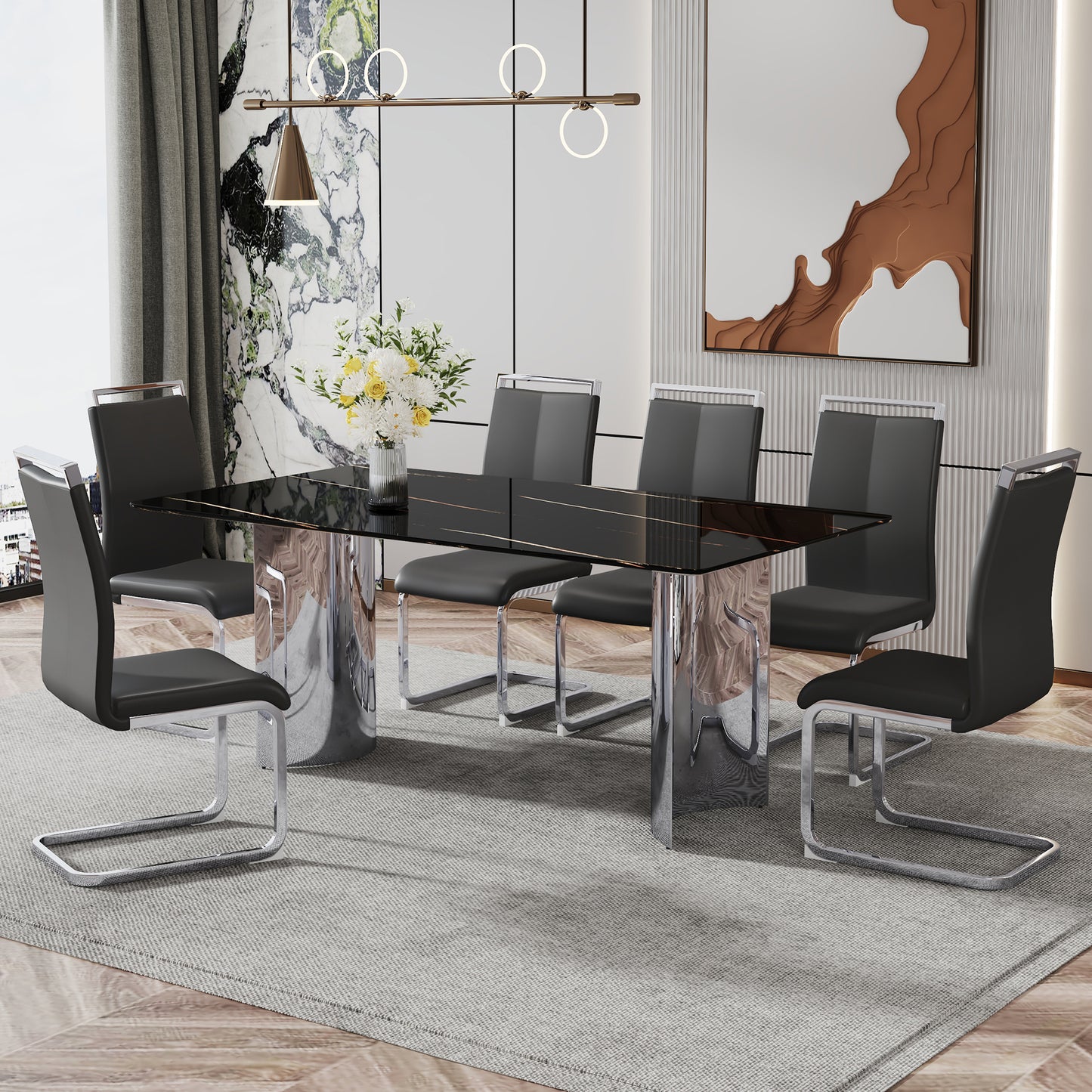 Modern minimalist dining table. The black imitation marble glass desktop is equipped with silver metal legs. Suitable for restaurants and living rooms 71 "* 39.3" * 29.5 "DT-69