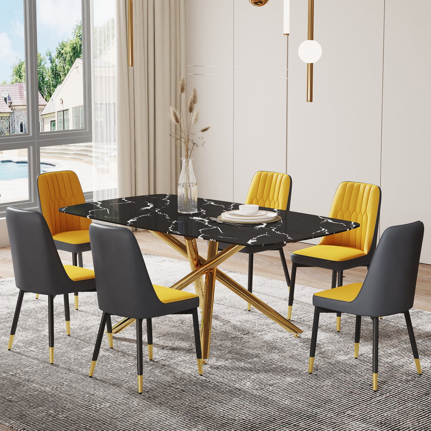 Contemporary Large Dining Table with Black Imitation Marble Top - 0.39" Thick Design with Golden Metal Legs, Perfect for Dining Rooms