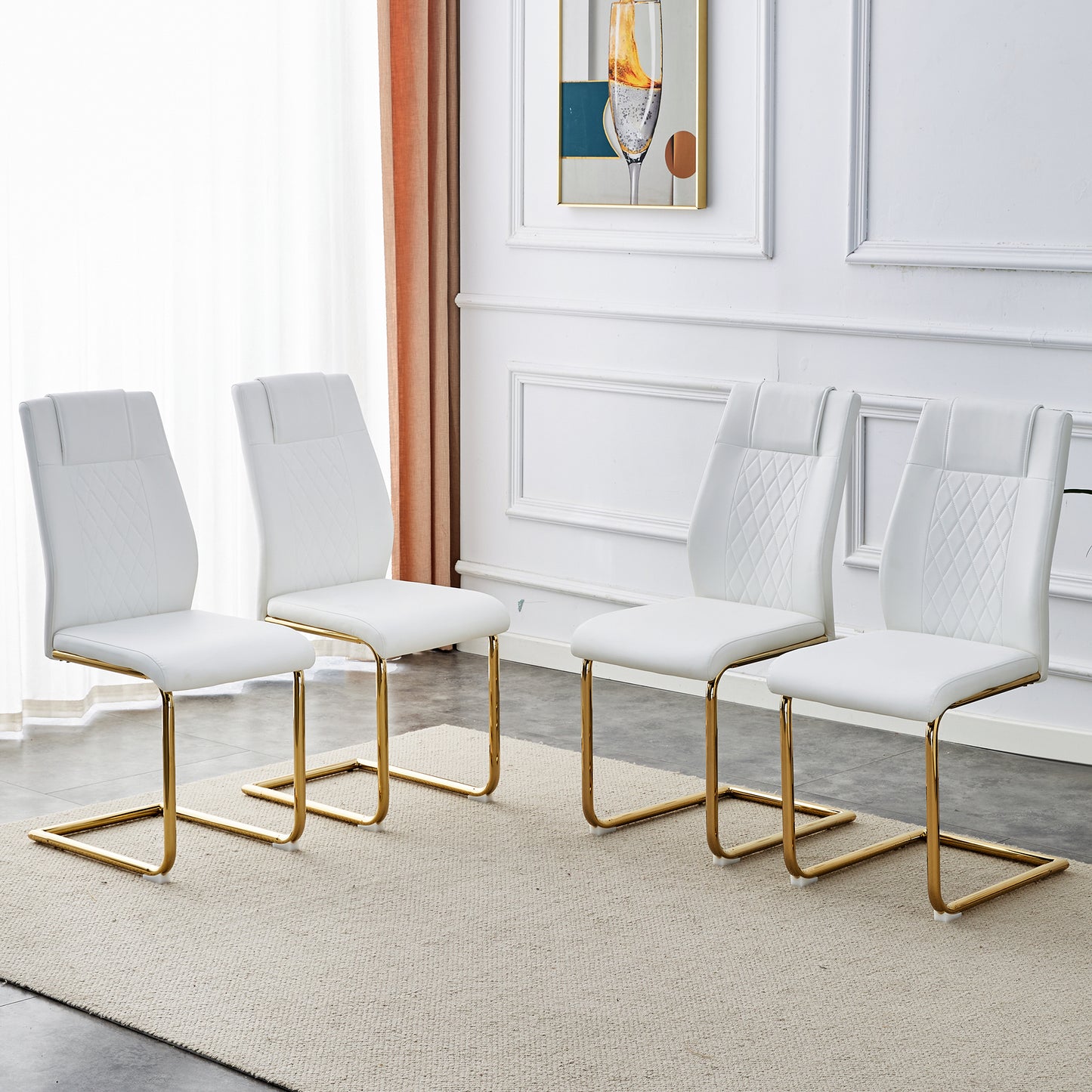 Elegant Golden Leg Cushioned Artificial Leather Dining Chairs Set of 4 (White + PU)