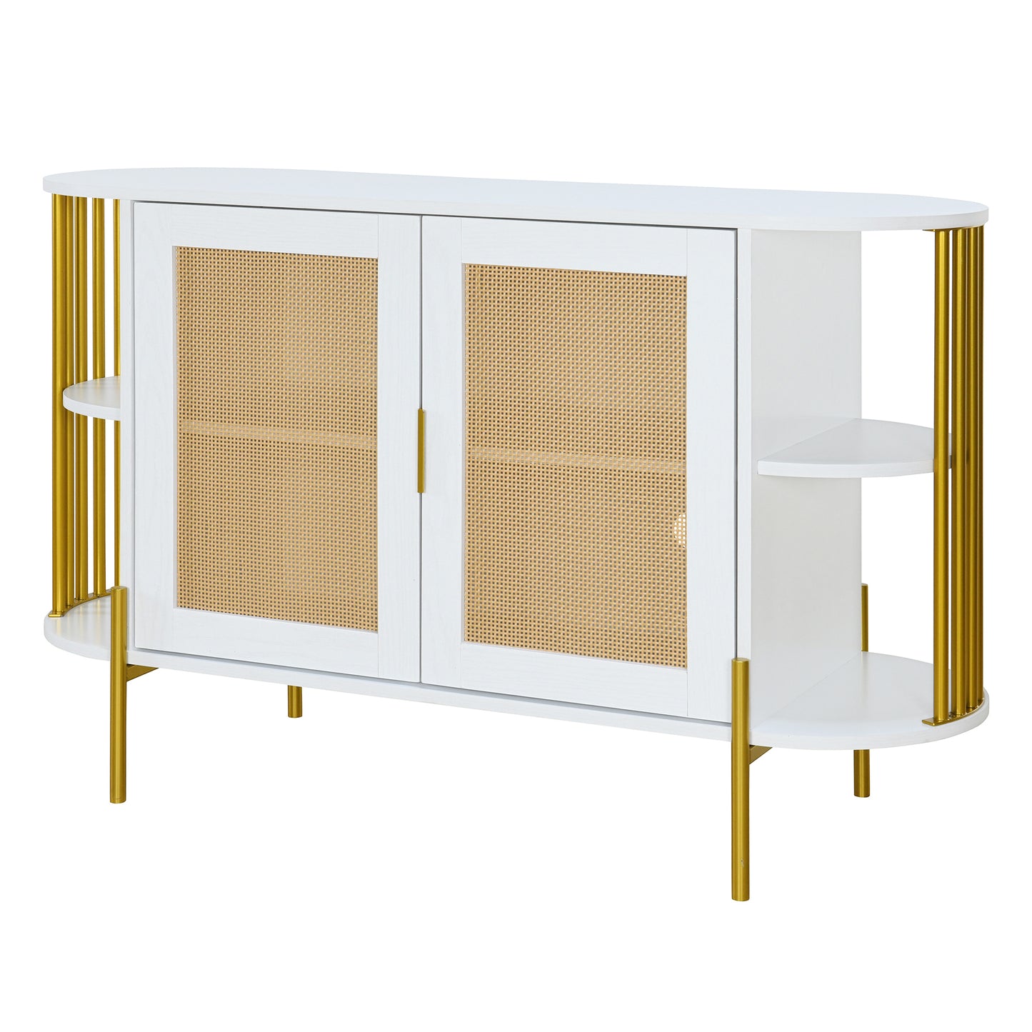 TREXM 2-Door Elegant Curved Dining Cabinet with Gold Trim and Woven Rattan Doors for Dining Room (White)