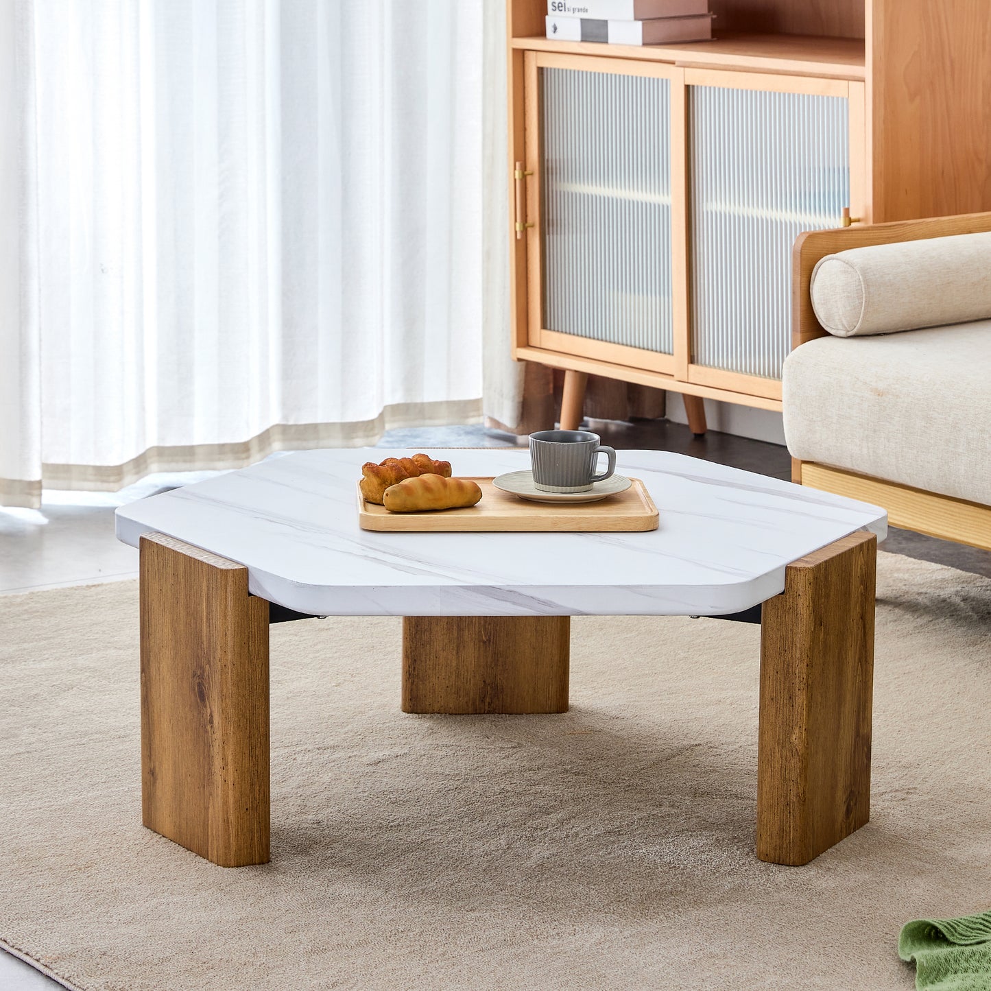 Stylish MDF Coffee Table - White Tabletop with Wooden Legs, Ideal for Living Spaces and Guest Rooms