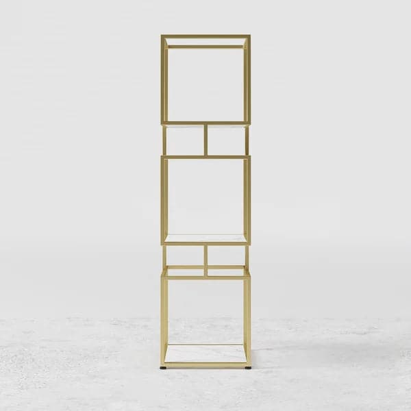 3-Tier Modern Black Cube Bookcase with Metal Tower Display Shelf in Gold Frame