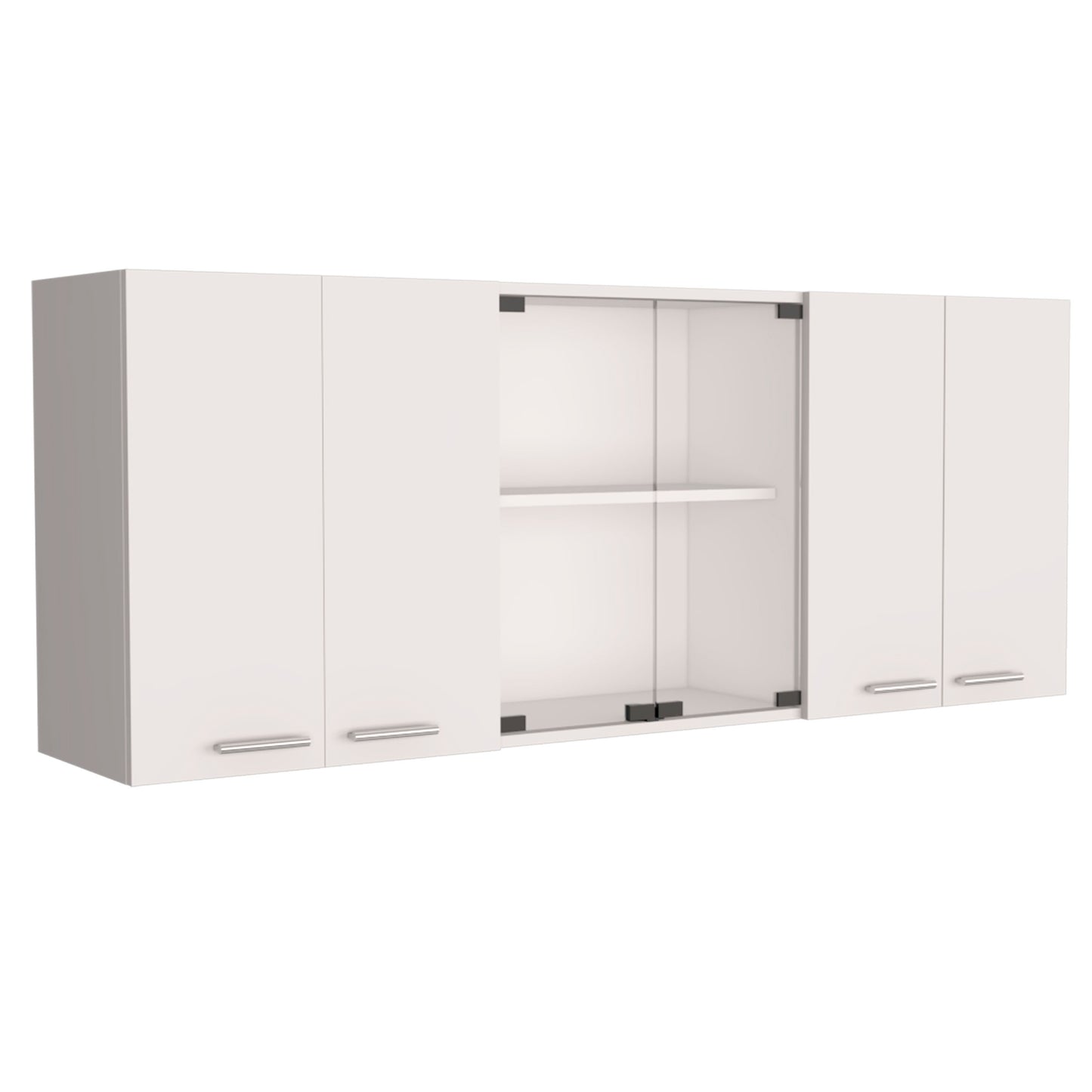 Armoire murale 24" H, quatre portes, avec deux tablettes internes et organisateur interne pour assiettes et verres, deux tablettes de rangement avec deux portes vitrées, blanc