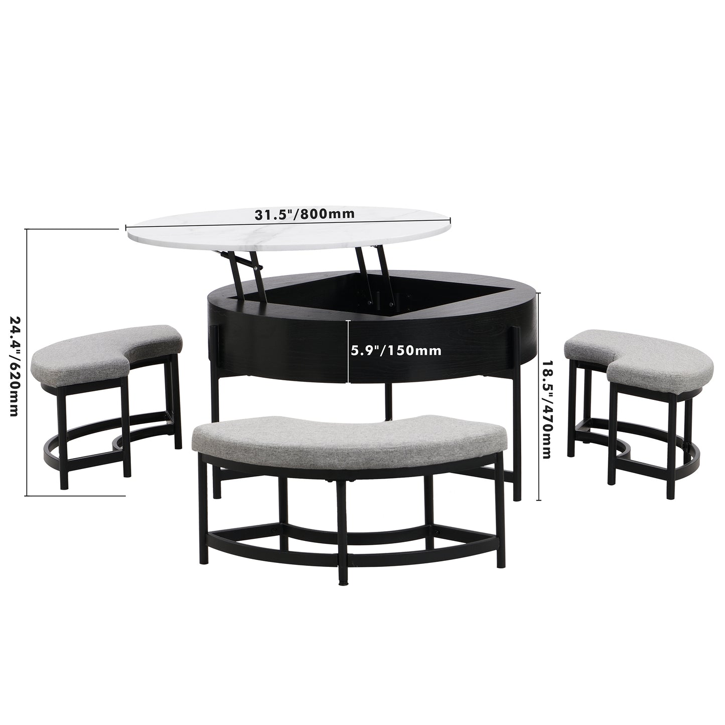 Modern Round Lift-Top Coffee Table with Storage & 3 Ottoman White & Black