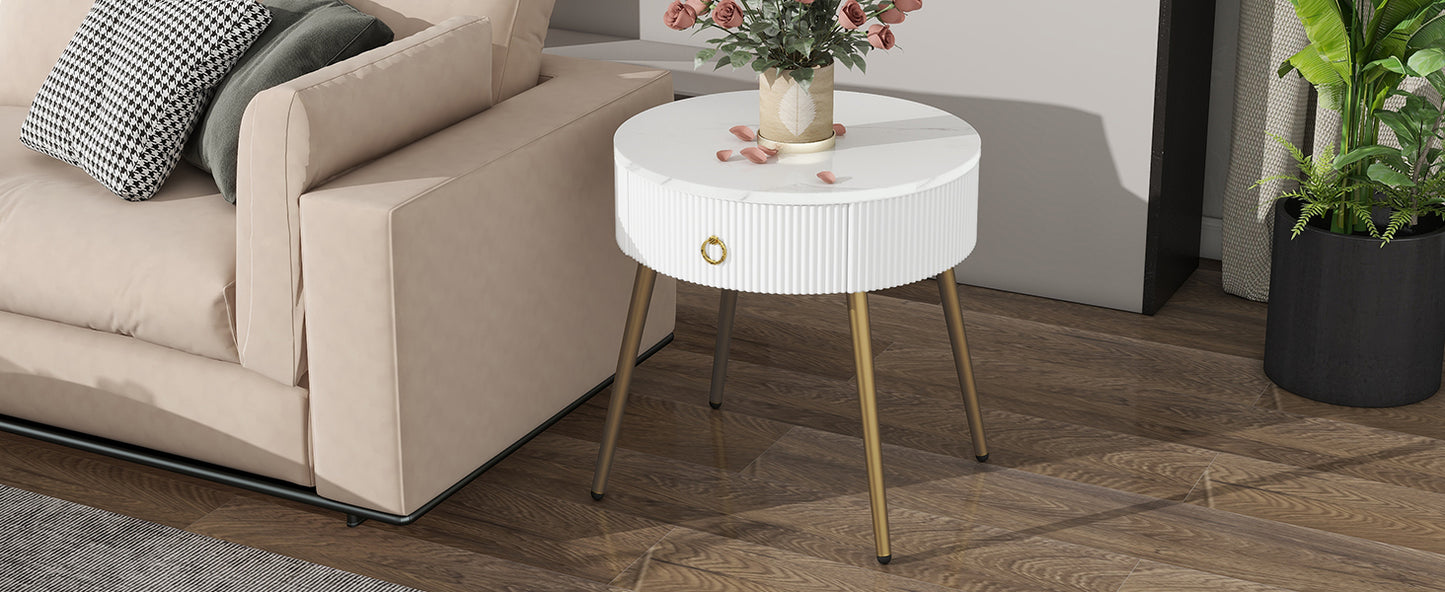 ON-TREND Φ19.6'' Easy Assembly End Tables with High Gloss Faux Marble Tabletops, Set of 2, Modern Fluted 2 Side Tables with Drawers, Round Coffee Tables with Golden Legs for Living Room, White