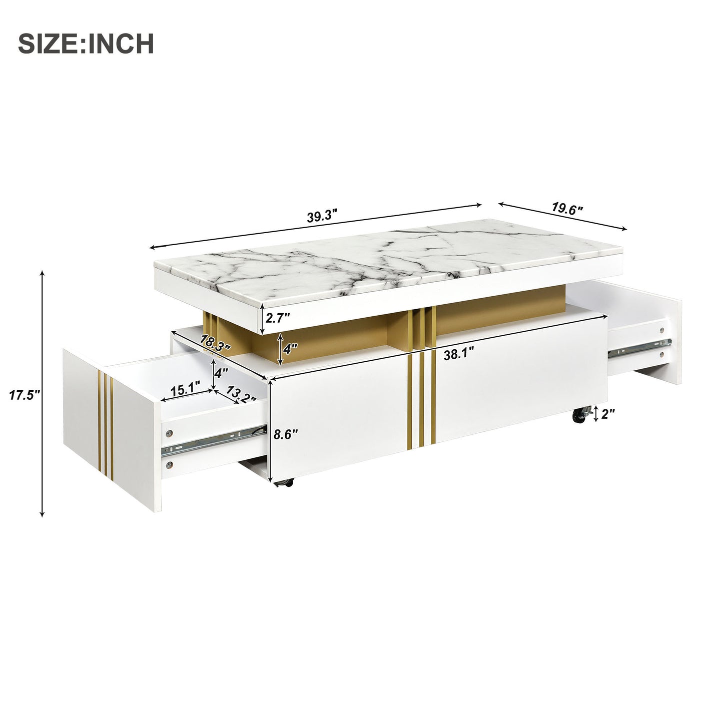 [VIDEO provided] ON-TREND Contemporary Coffee Table with Faux Marble Top, Rectangle Cocktail Table with Caster Wheels, Moderate Luxury Center Table with Gold Metal Bars for Living Room, White