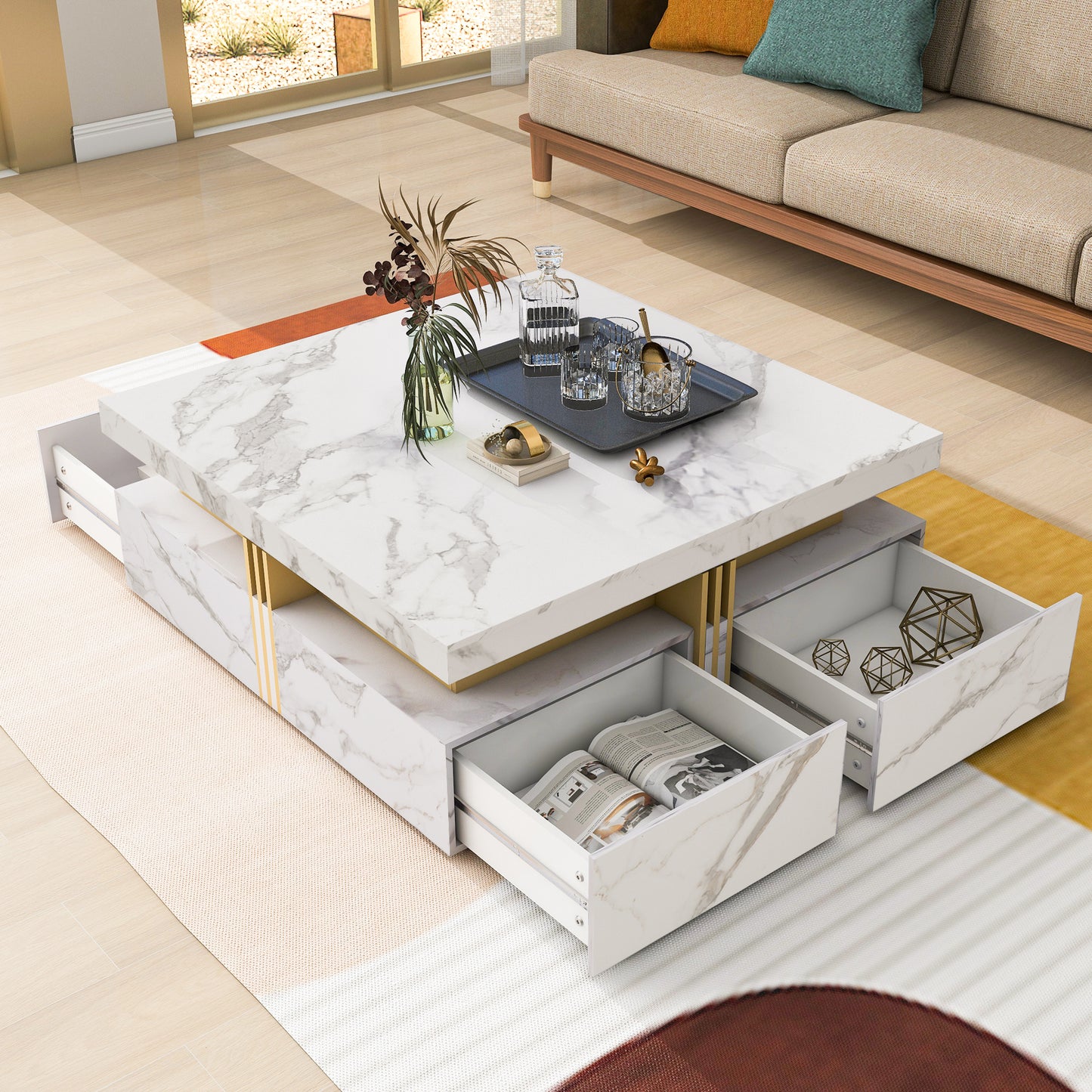 Modern White Square Storage Coffee Table with 4 Drawers