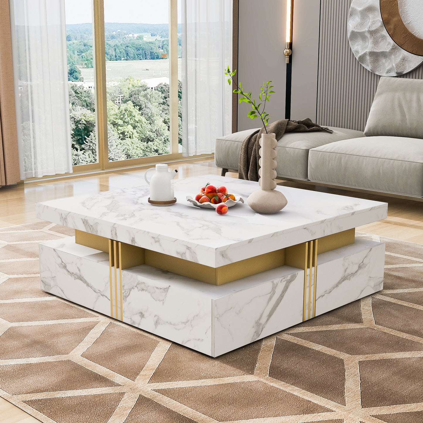 Modern White Square Storage Coffee Table with 4 Drawers