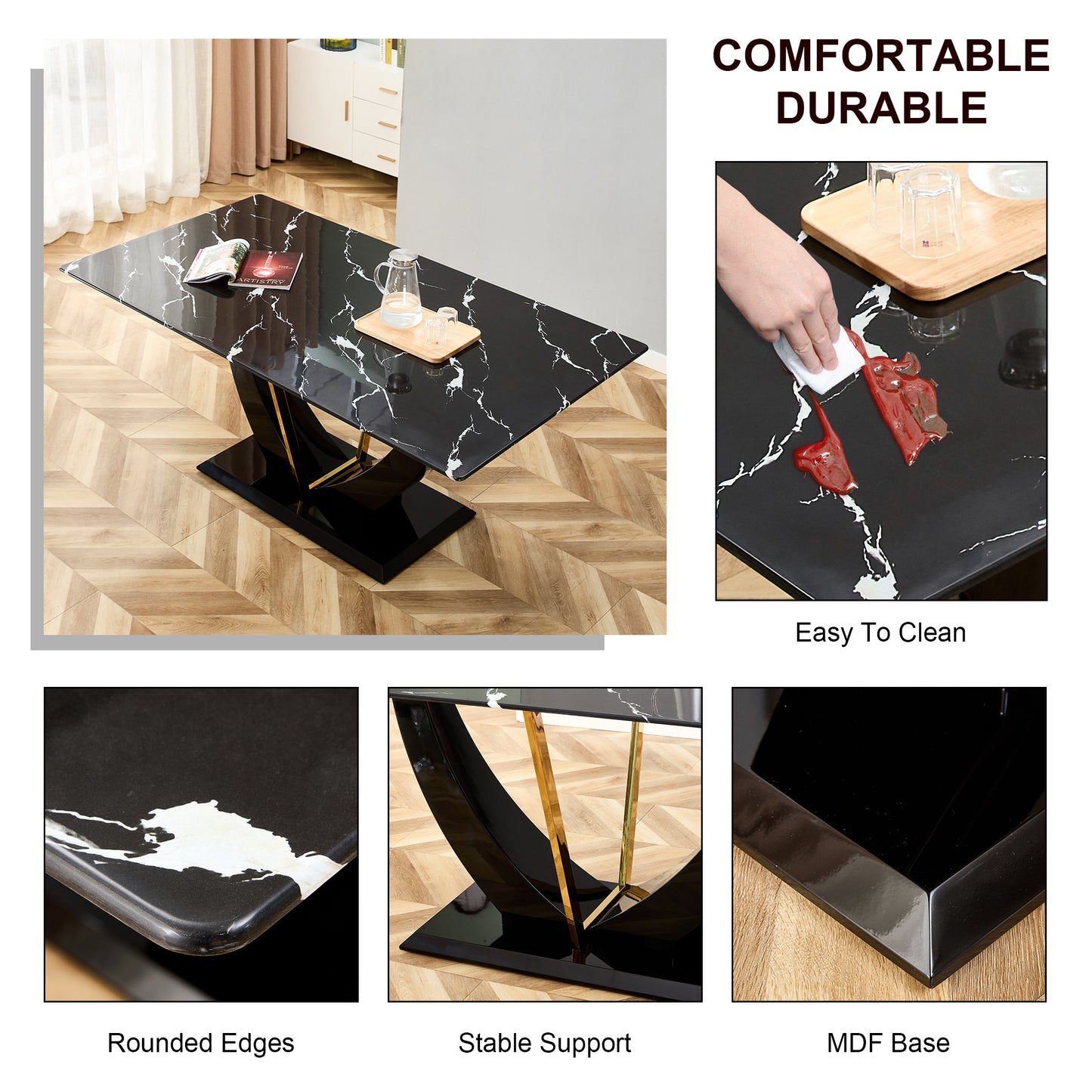 Stylish Rectangular Dining Table with Luxurious Black Imitation Marble Texture - Versatile Desk for Home