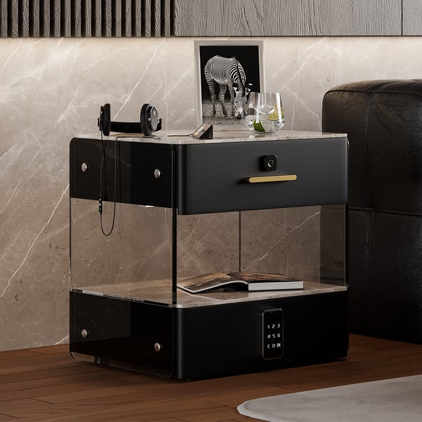 Table de chevet moderne en cuir noir intelligent avec dessus en pierre claire et frittée et serrure à empreinte digitale