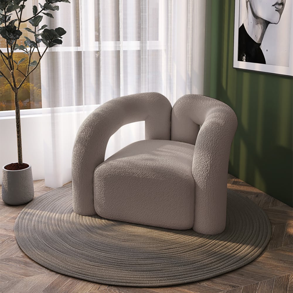 Japandi Gray Boucle Accent Chair Shaggy Armchair for Living Room