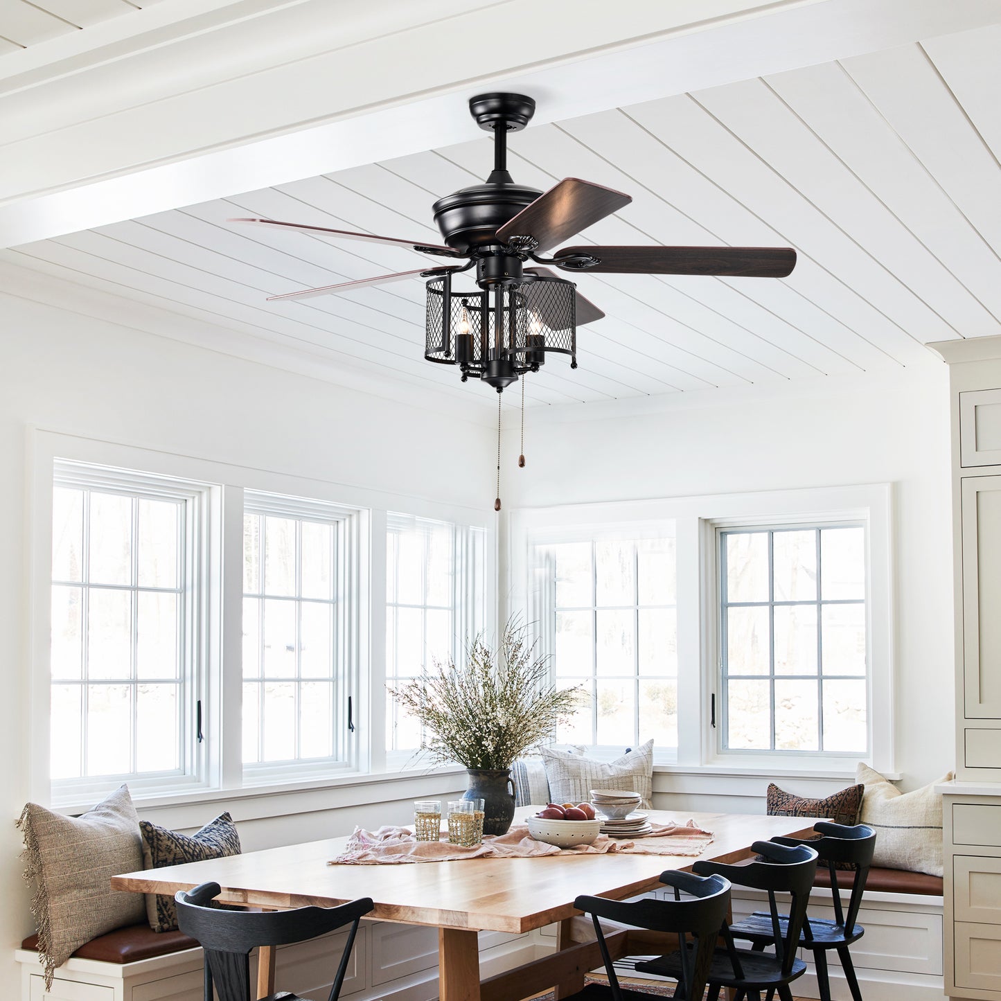 Farmhouse Ceiling Fan 52" with Dual Finish Blades - Matte Black, Hand Pull Chain for Indoor Use