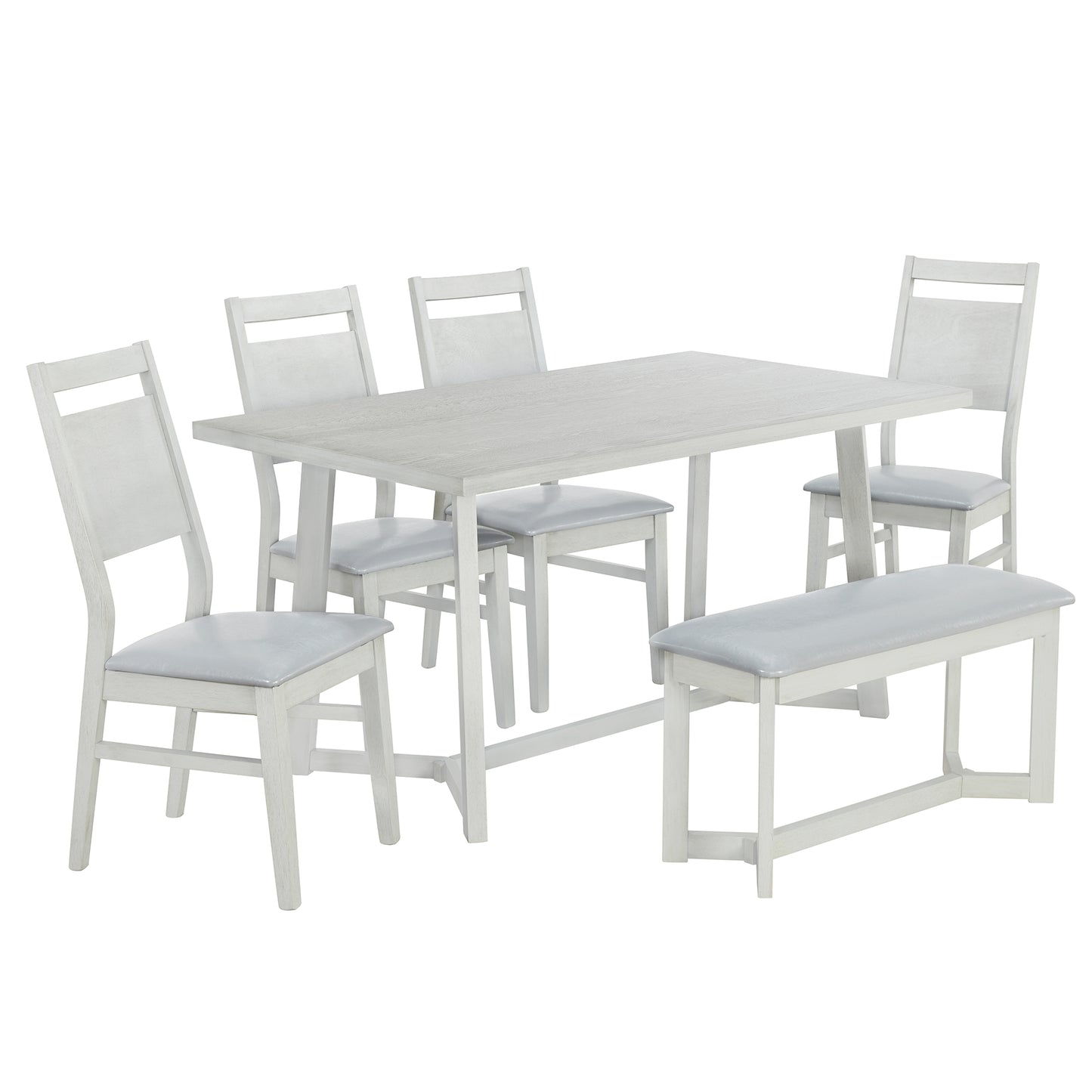 TOPMAX Farmhouse 6-Piece Wood Dining Table Set with 4 Upholstered Chairs and Bench, Gray
