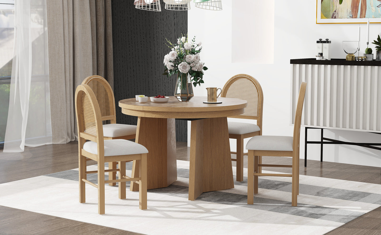 TREXM 5-Piece Retro Functional Dining Set with 1 Extendable Dining Table and 4 Upholstered Chairs with Rattan Backrests for Dining Room and Kitchen (Natural Wood Wash)