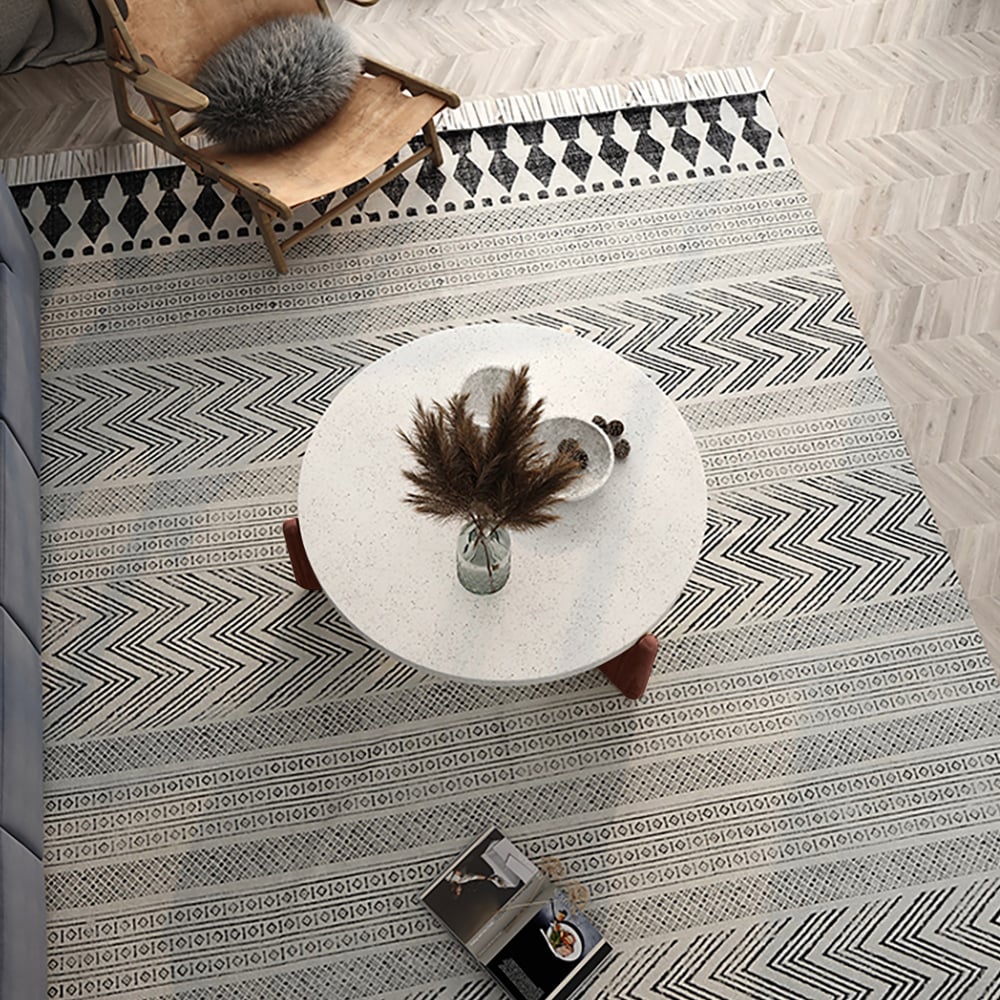 34" White Round Terrazzo Coffee Table with Pine Wood Legs in Walnut