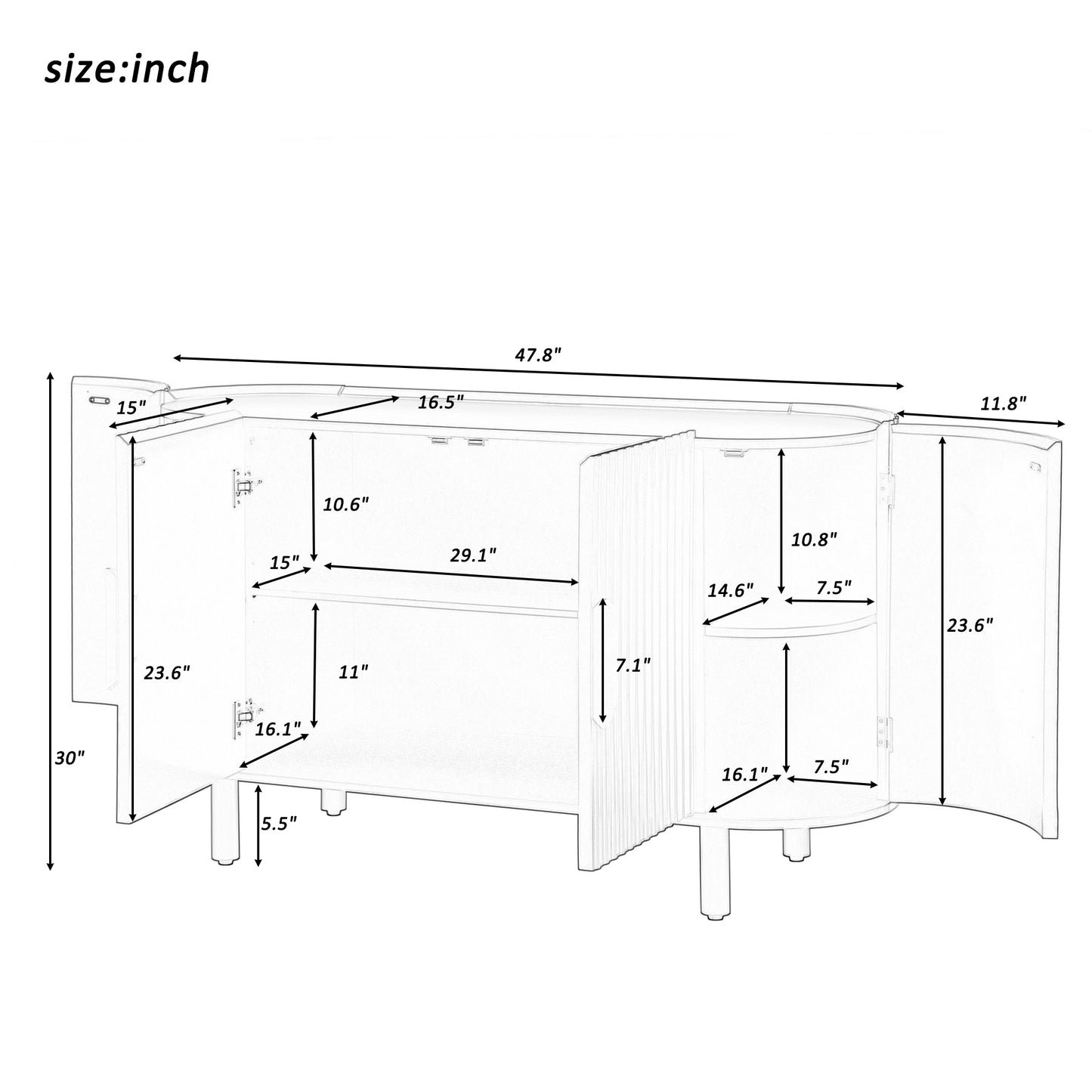 U-Style Curved Design Light Luxury Sideboard with Adjustable Shelves,Suitable for Living Room,Study and Entrance