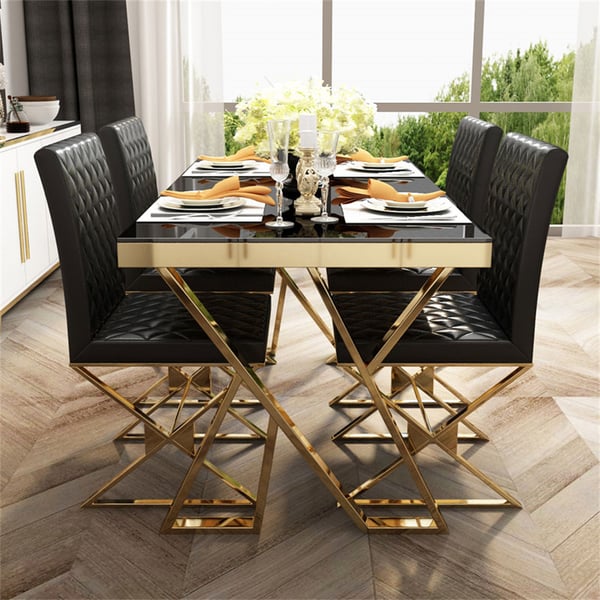 55 Inches Modern Black Rectangle Tempered Glass Dining Table