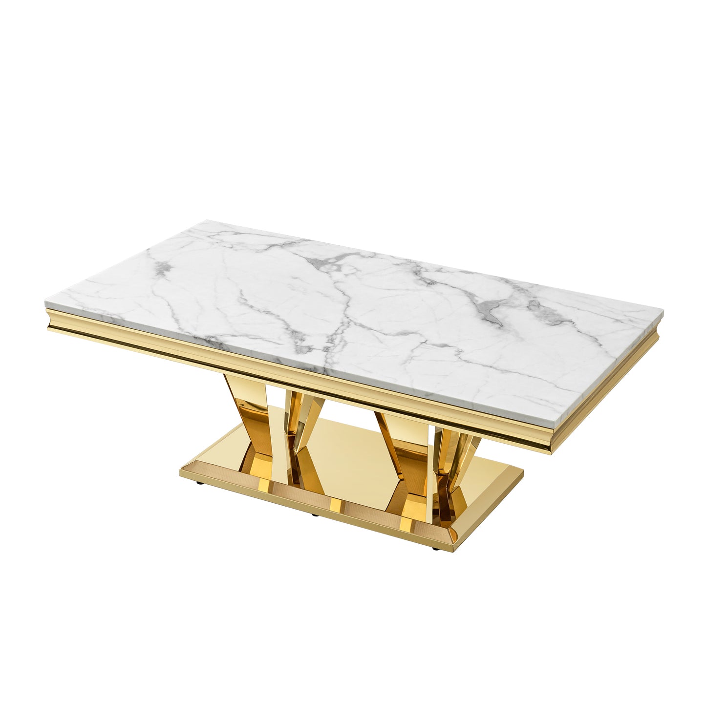 58.18" Modern Rectangular 0.78" Thick MDF Marble Pattern Top, Coffee Table Stainless Steel Base with Gold Mirror Finish