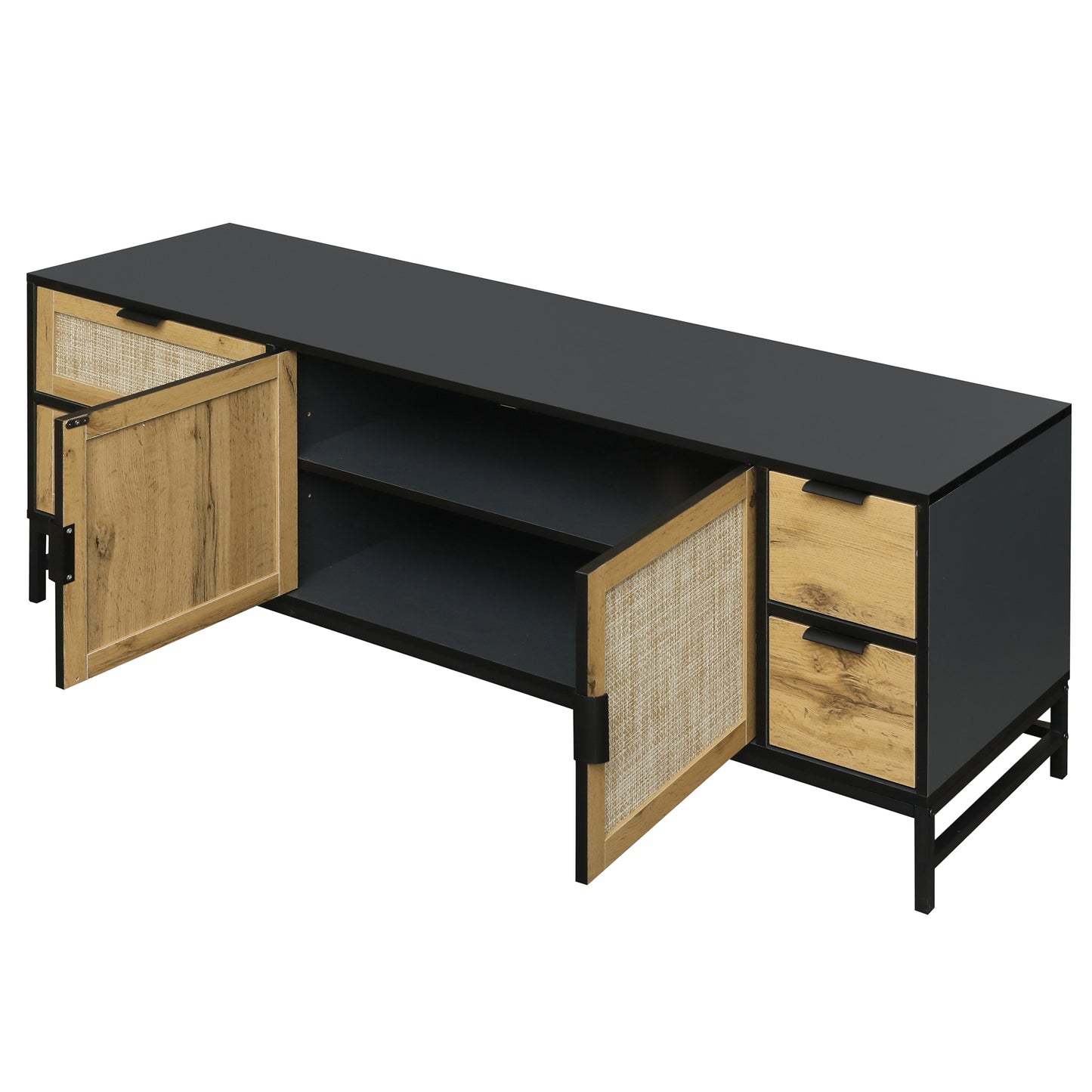 ON-TREND Meuble TV élégant en rotin pour téléviseurs jusqu'à 65", console multimédia de style bohème avec étagères réglables, table console TV élégante avec surface grain de bois pour le salon, gris acier