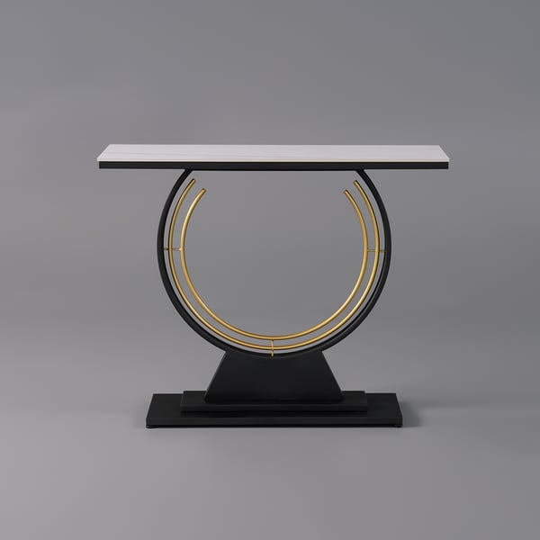 Modern Rectangular Sintered Stone Top Console Table in Black & White & Gold