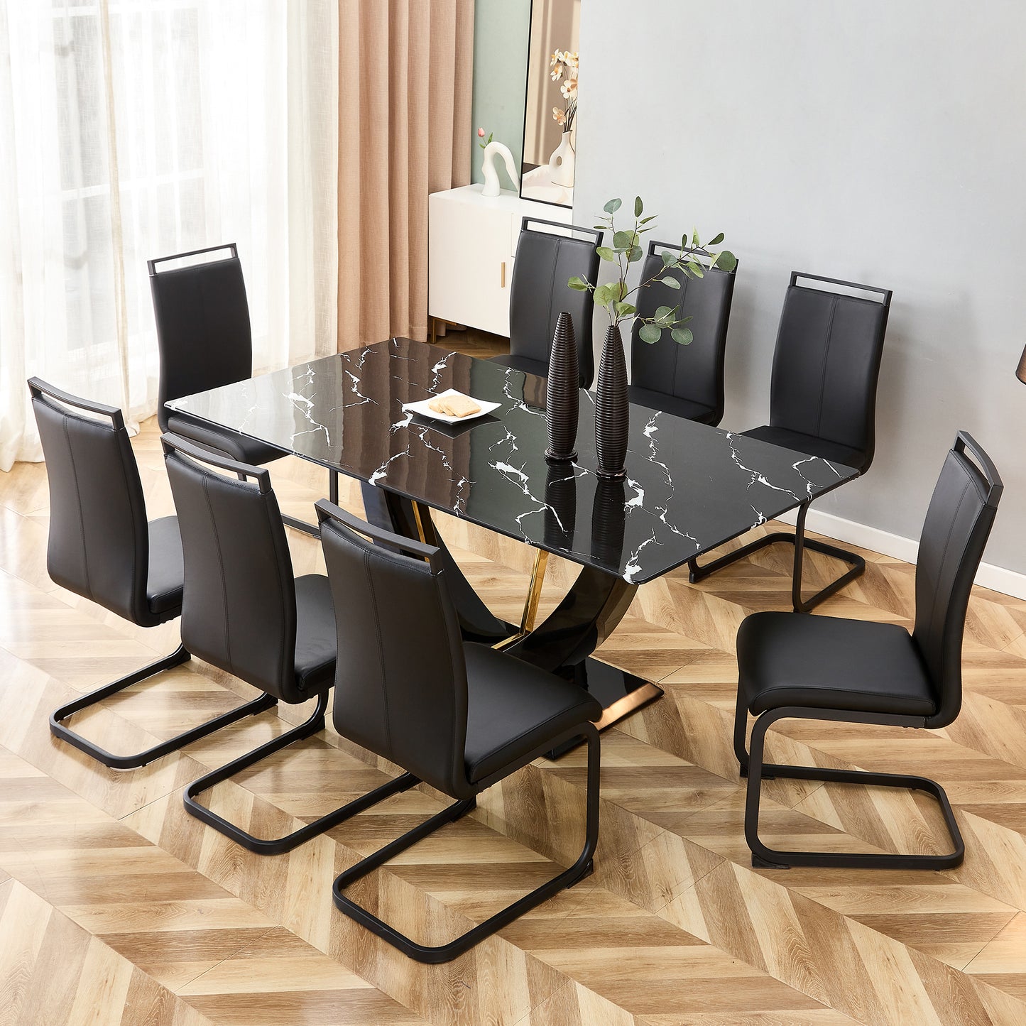 Stylish Rectangular Dining Table with Luxurious Black Imitation Marble Texture - Versatile Desk for Home