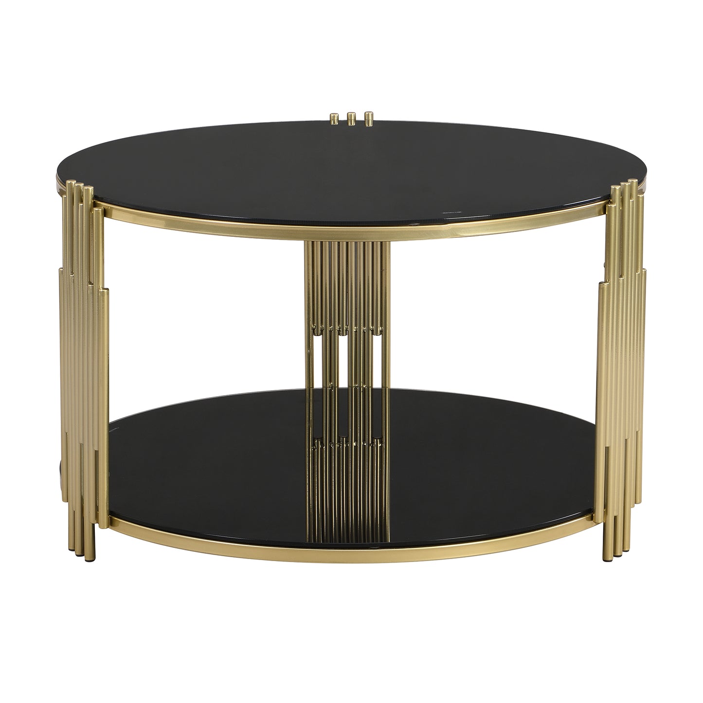 Modern Black Mirror Coffee Table, Asymmetrical Metal, Circular Metal Drum Base, Gold Finish & Lower Shelf