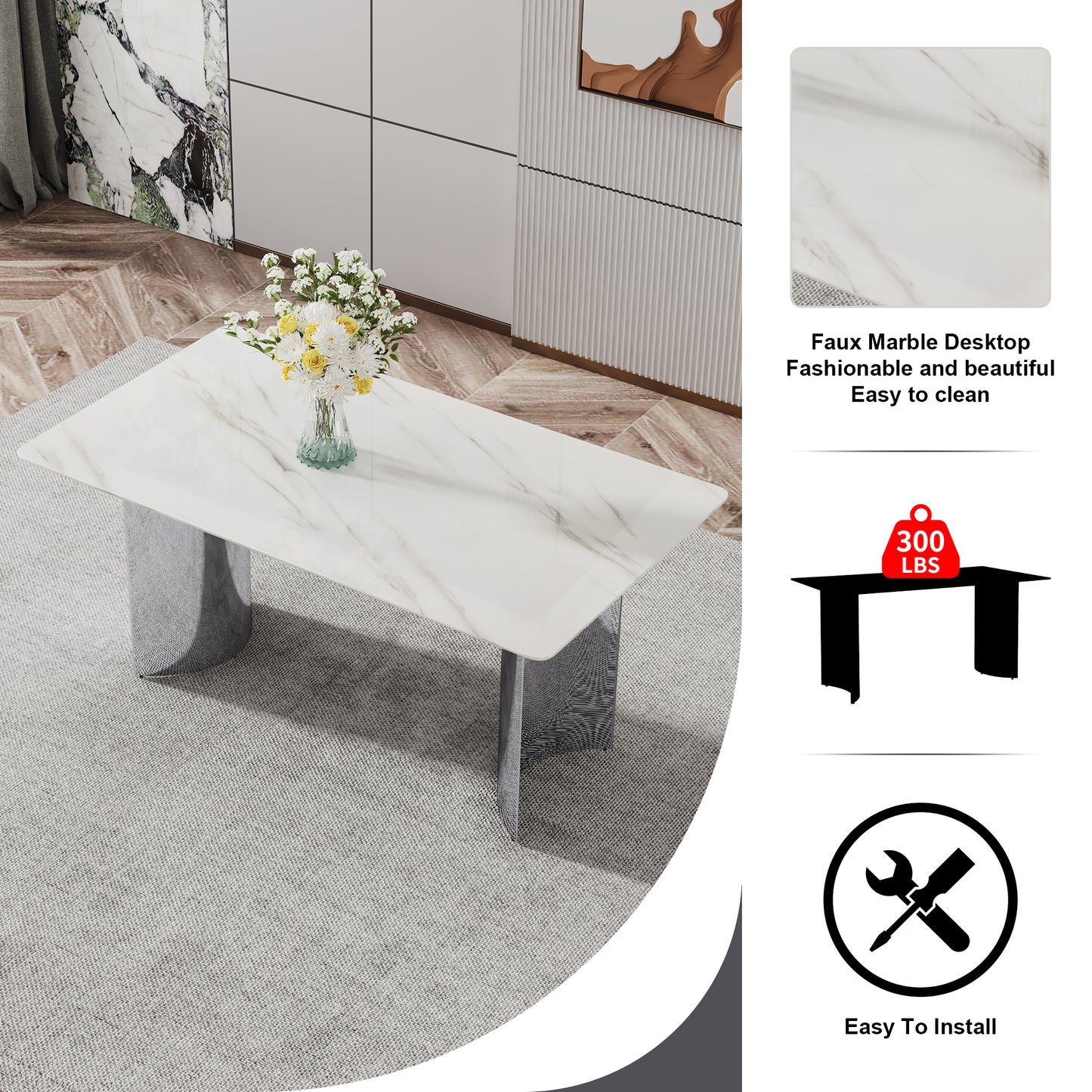 Contemporary White Imitation Marble Glass Dining Table - Stable Stainless Steel Legs for Stylish Dining Rooms