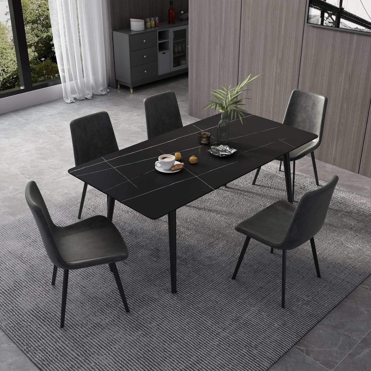 Modern Sintered Rectangle Dining Table Set with Black Stone Top 6 Persons 4 Legs