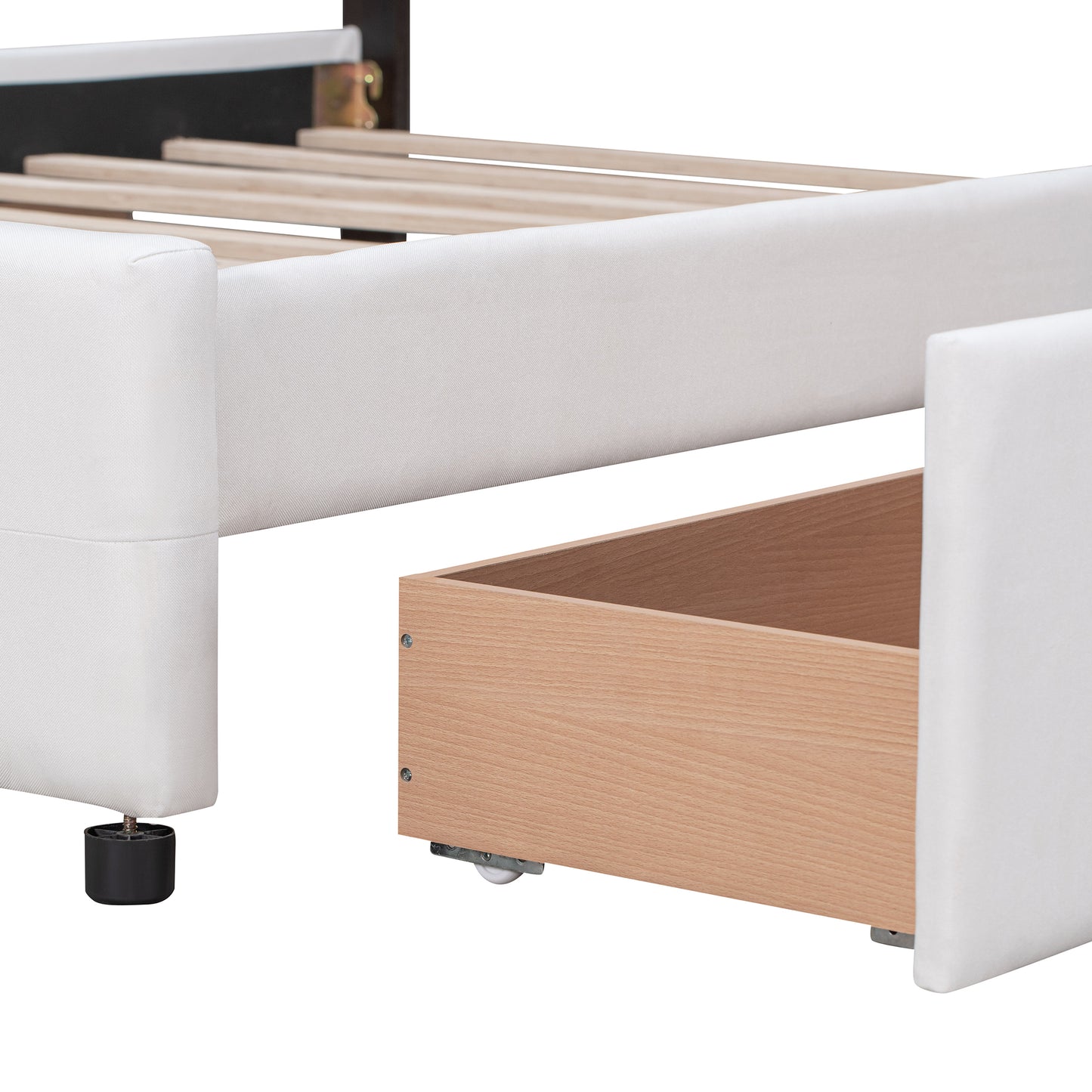 Upholstered Platform Bed with Classic Headboard and 4 Drawers, No Box Spring Needed, Linen Fabric, Queen Size White