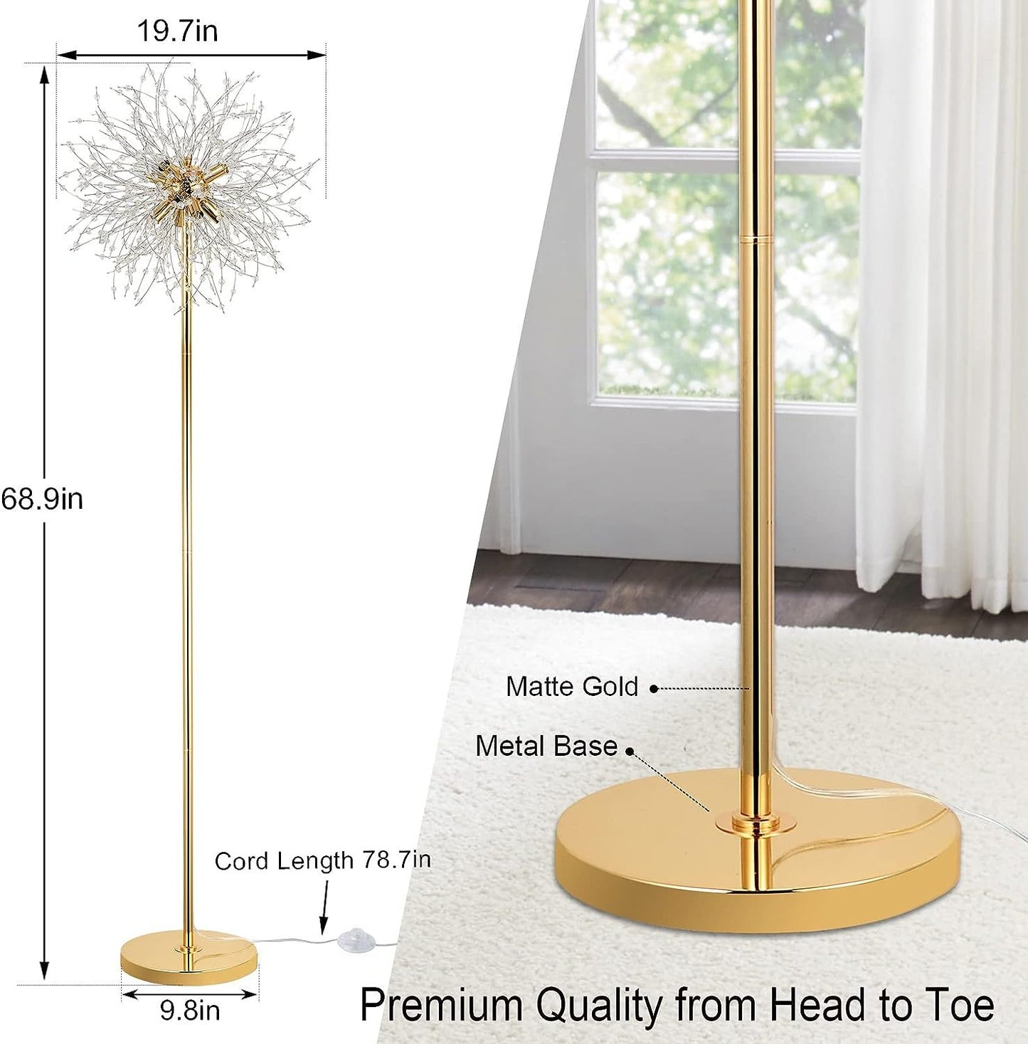 69" Modern Crystal Floor Lamp with K9 Crystal & LED - Stylish Gold Finish, Foot Switch for Living Room & Bedroom