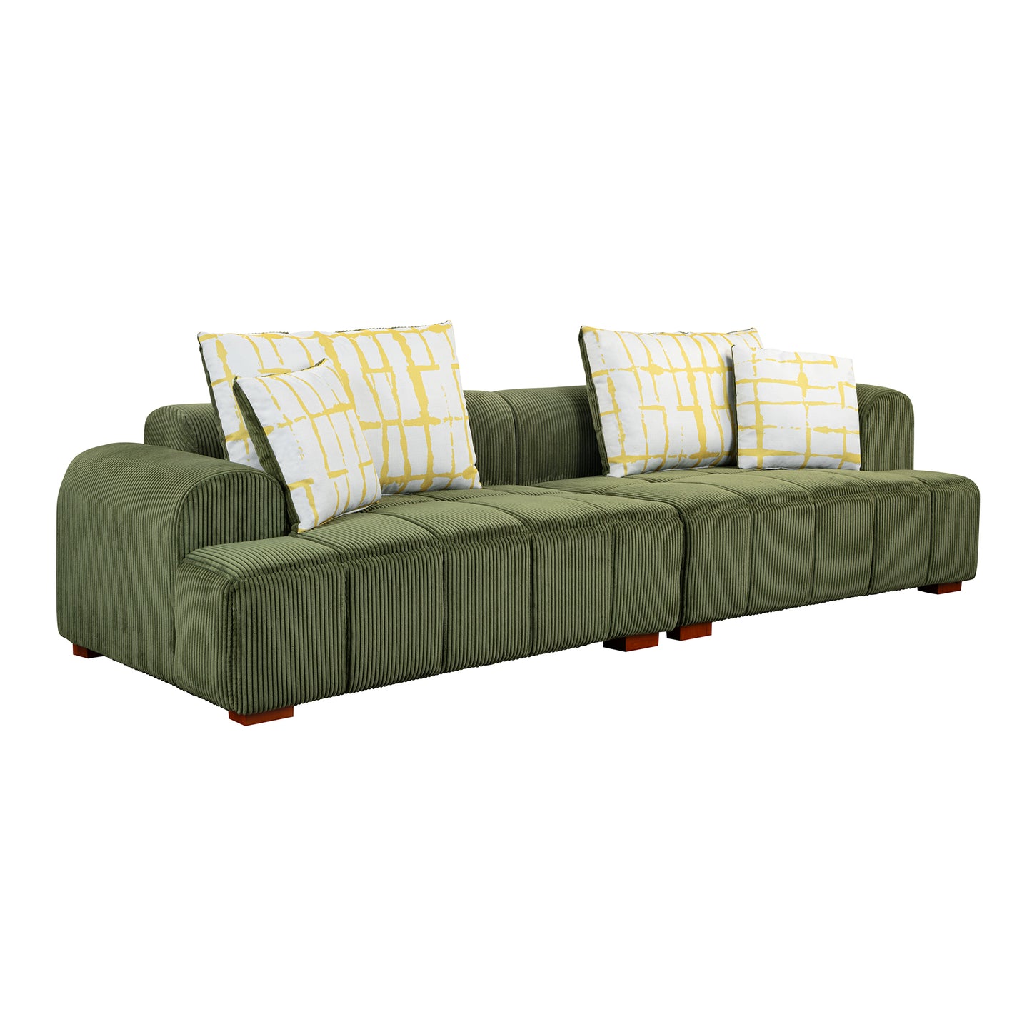 103.9" Modern Couch Corduroy Fabric Comfy Sofa with Rubber Wood Legs, 4 Pillows for Living Room, Bedroom, Office, Green