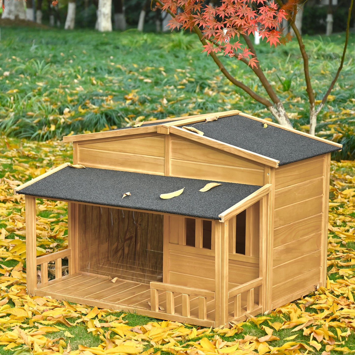 GO 47.2" Wooden Dog House, Outdoor & Indoor Dog Crate, Pet Kennel With Porch, Solid Wood, Weatherproof,  Medium, Nature