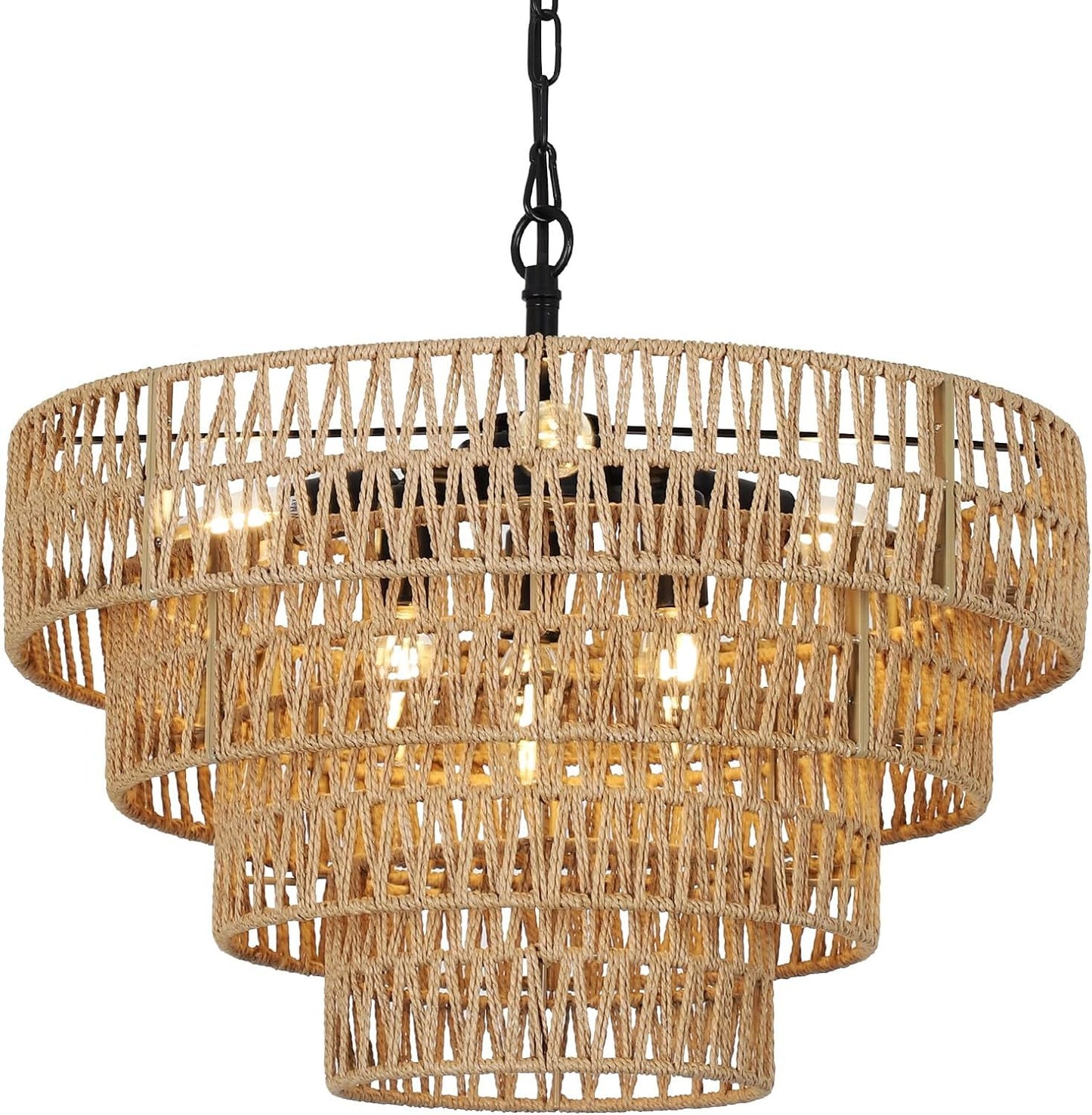 Boho Rattan Chandelier, 6-Light Dining Room Light Fixture, Wicker Pendant Lighting with 4-Tier Woven Lampshade, Large Farmhouse Chandeliers for Dining Room Bedroom Kitchen Living Room(20")