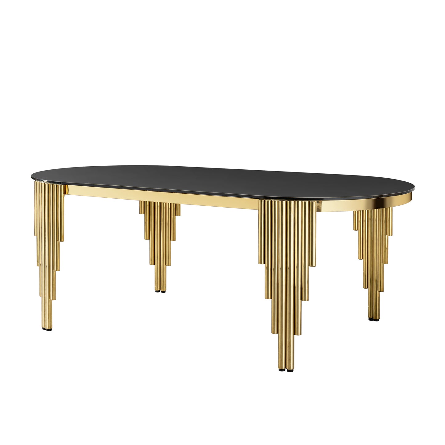 79.53" Black Glass Top oval Dining Table with gold stainless Steel Base for 8 seats