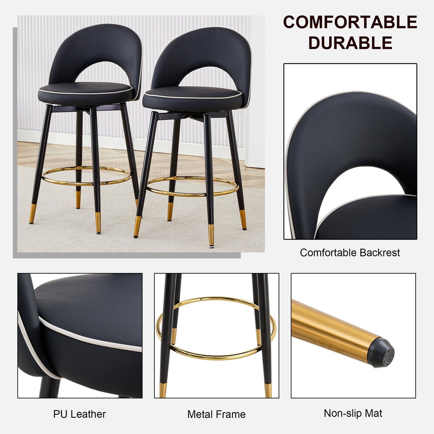 Contemporary 360° Rotatable Bar Chair Set of 2 - PU Upholstered with Beautiful Metal Legs Great for Dining Room