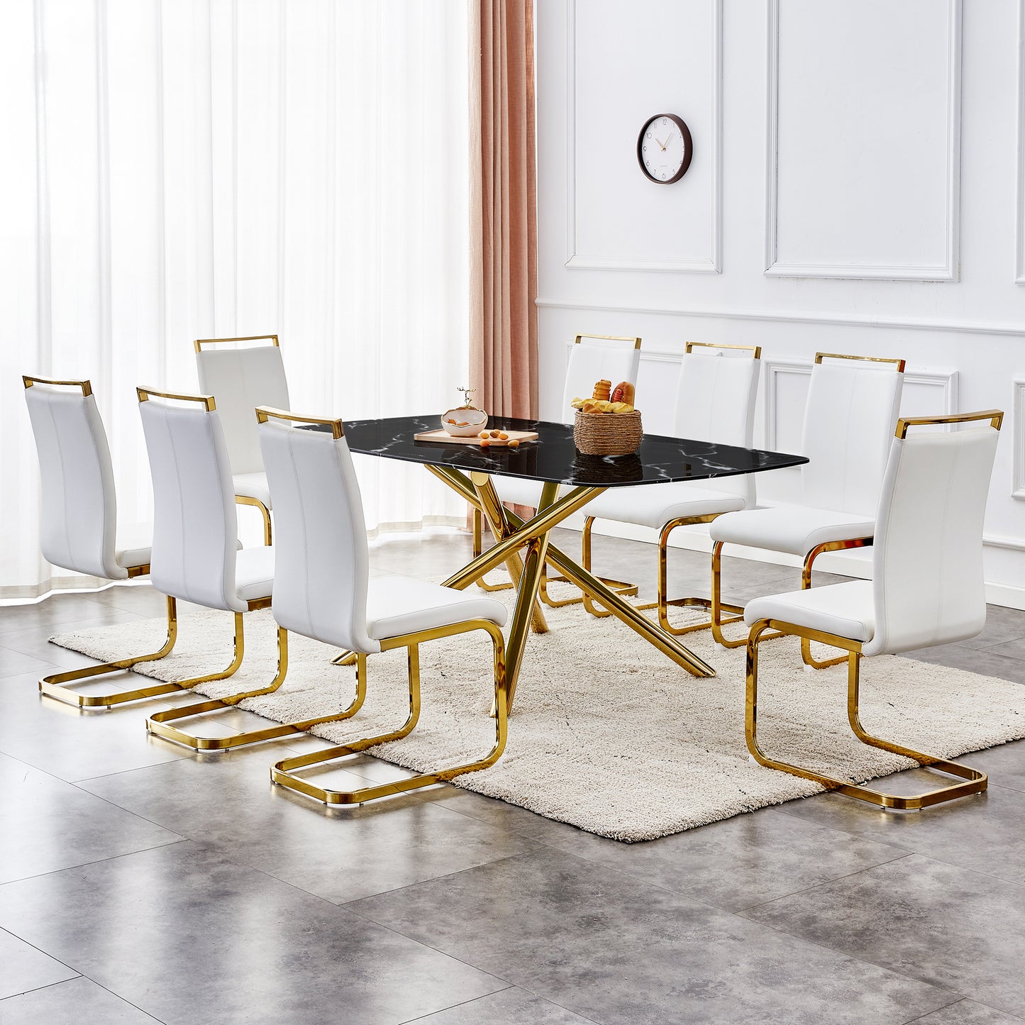 Contemporary Large Dining Table with Black Imitation Marble Top - 0.39" Thick Design with Golden Metal Legs, Perfect for Dining Rooms