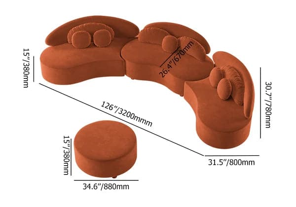 Modern 7-Seat Sofa Curved Sectional Modular Orange Velvet Upholstered with Ottoman