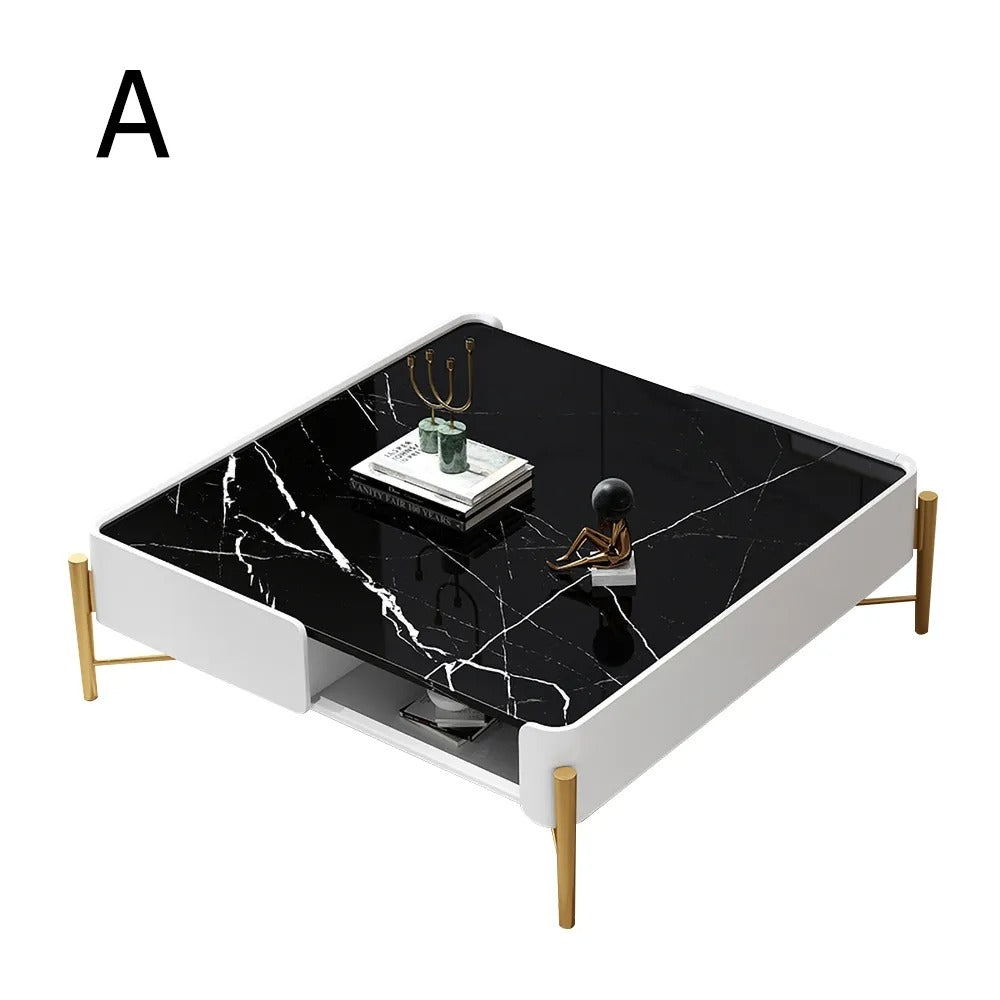 White and Black Faux Marble Square Coffee Table with Storage Gold Legs 2 Drawers and Open Shelves