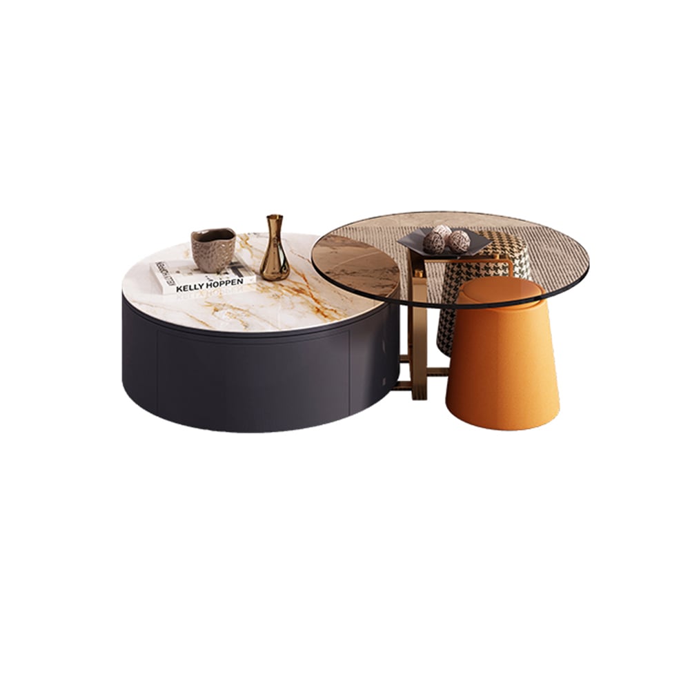 4-Piece Round Swivel Coffee Table Set with 2 Ottomans