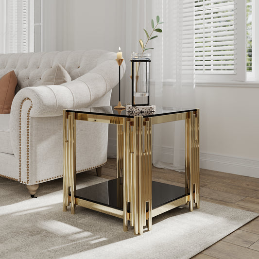 Woker Furniture  20" Wide Square End Table with Black Glass Top, Golden Stainless Steel Tempered Glass End Table for Living Room&Bed Room