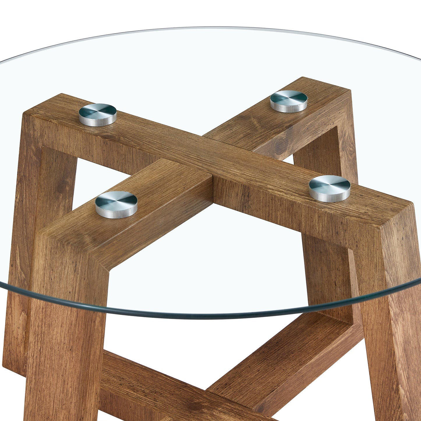 Modern practical circular coffee and tea tables. Made of transparent tempered glass tabletop and wood colored MDF material. Suitable for living rooms and bedrooms.31.5"*31.5"*17.7"