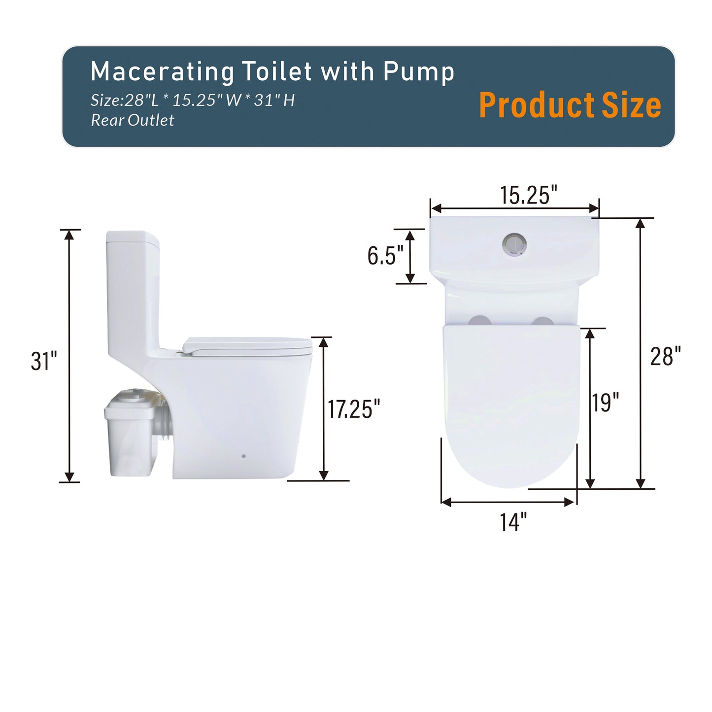 Upflush Toilet For Basement, 600W Macerating Toilet System With Powerful Dual Flush, Elongated 17.25 ADA Comfort, Soft-Close Seat, 3 Water Inlets Connect to Sink, Shower, White