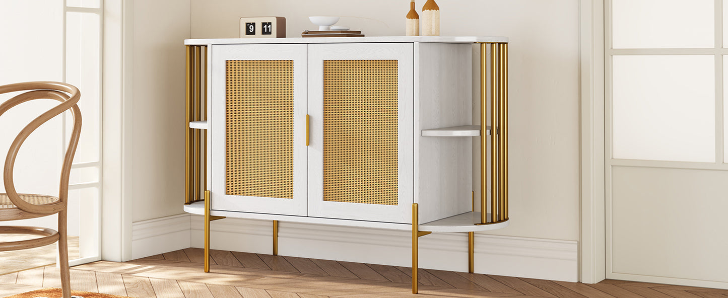 TREXM 2-Door Elegant Curved Dining Cabinet with Gold Trim and Woven Rattan Doors for Dining Room (White)