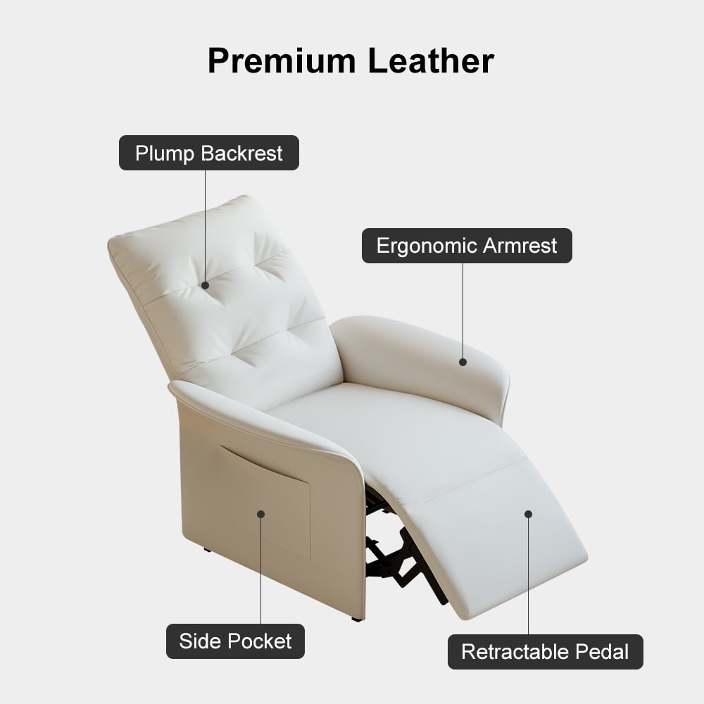 Modern White Leather Power Recliner High Back Sleeper Chair with Side Pocket