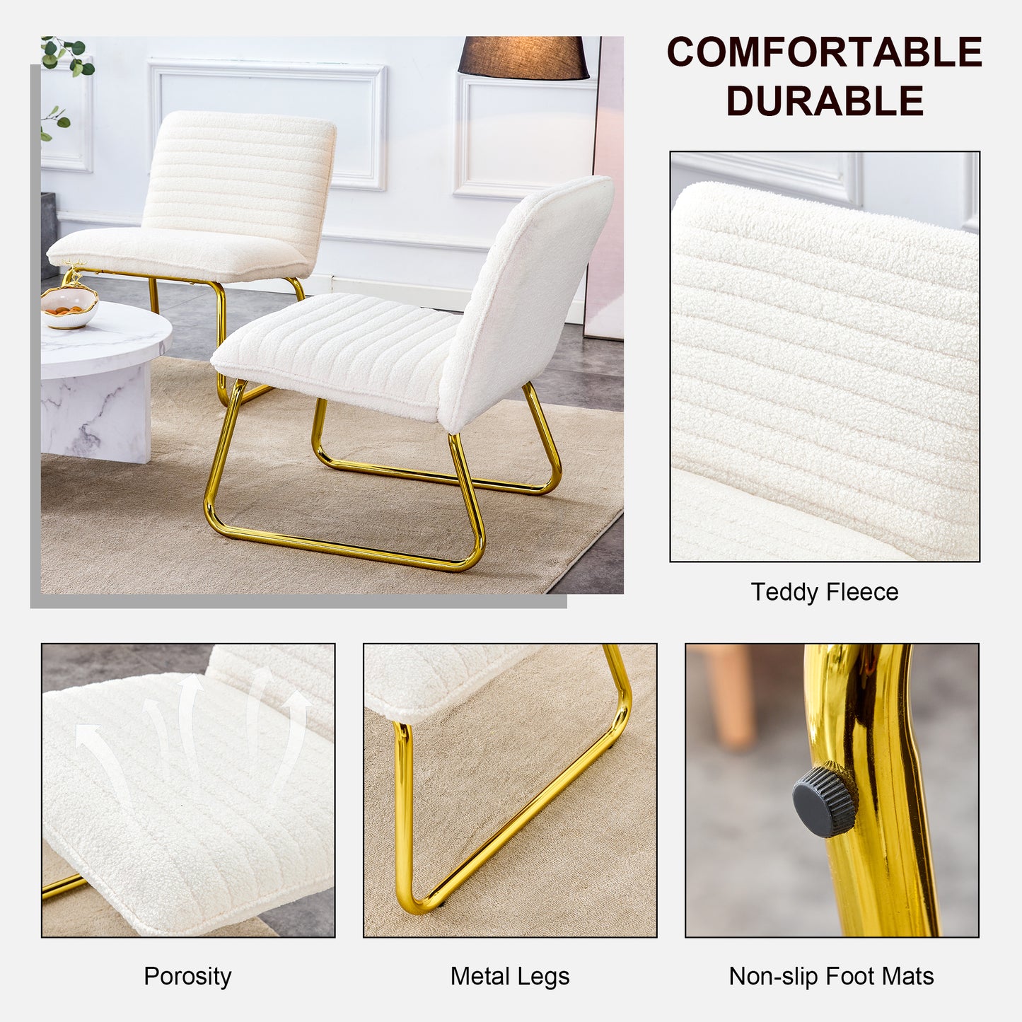 White Minimalist Armless Sofa Chair with Plush Cushion and Backrest - Elegant Design with Golden Metal Legs, Ideal for Offices, Restaurants, Kitchens, and Bedrooms