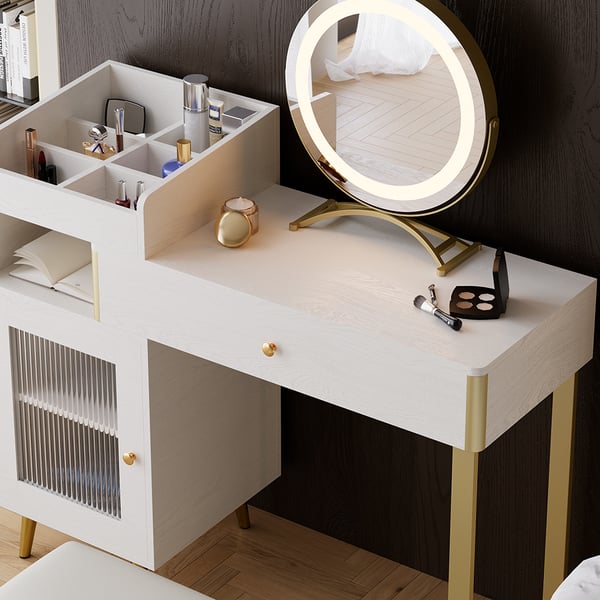 Modern White Retractable Makeup Vanity Set with Side Cabinet Dressing Table with Light