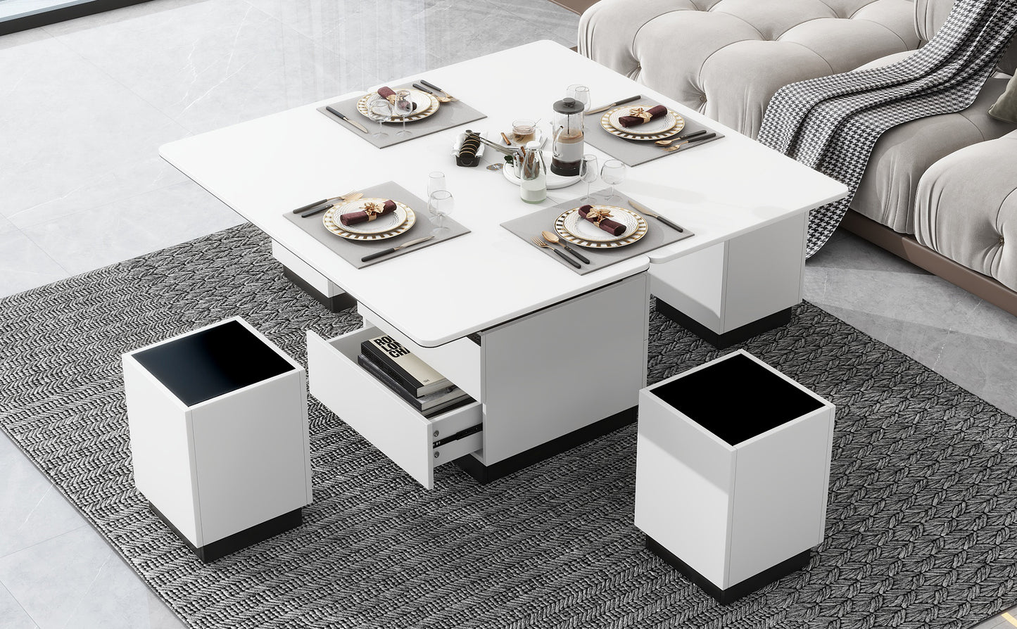 Modern White Lift Top Glass Coffee Table with Drawers & Storage Multifunction Table