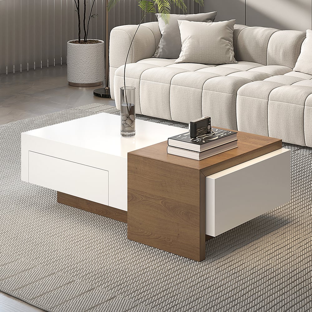 White & Natural Extendable Rectangle Coffee Table with Drawer & Sliding Storage